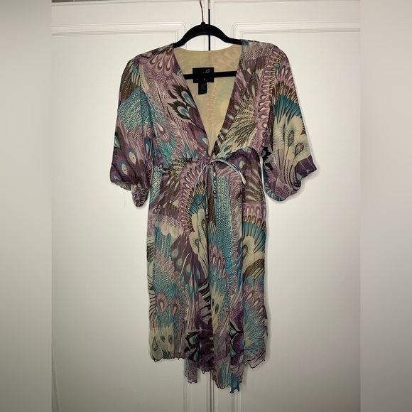 Y2K Tricia Fix 100% Silk Boho Peacock Dress - Picture 1 of 11